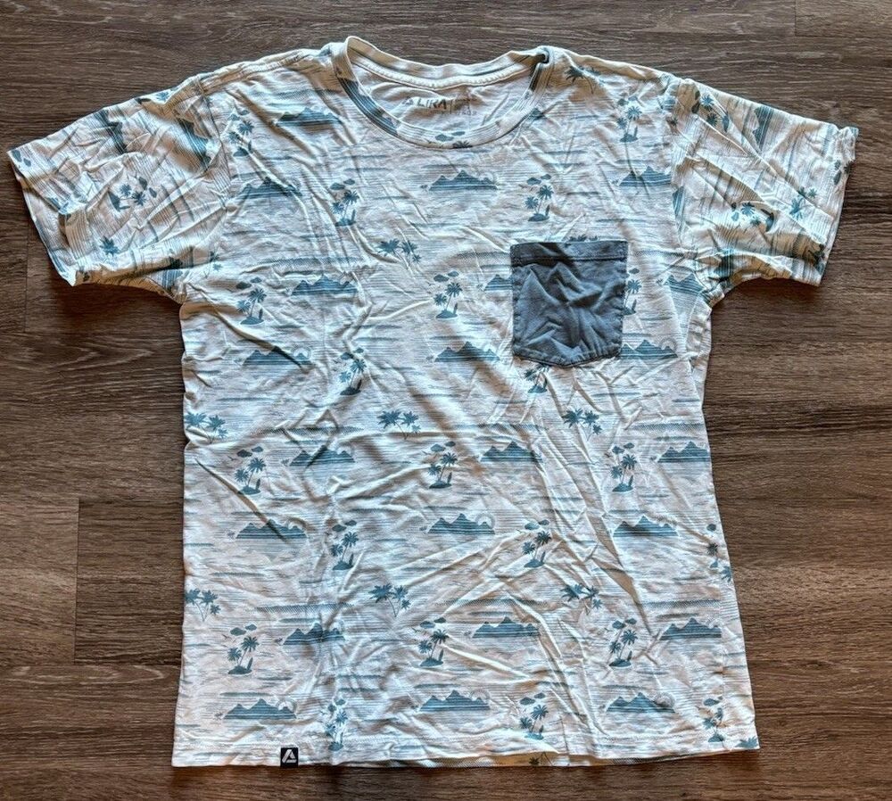 Lira Size Medium Soft T- Shirt With Pocket Blue And White Palm Trees